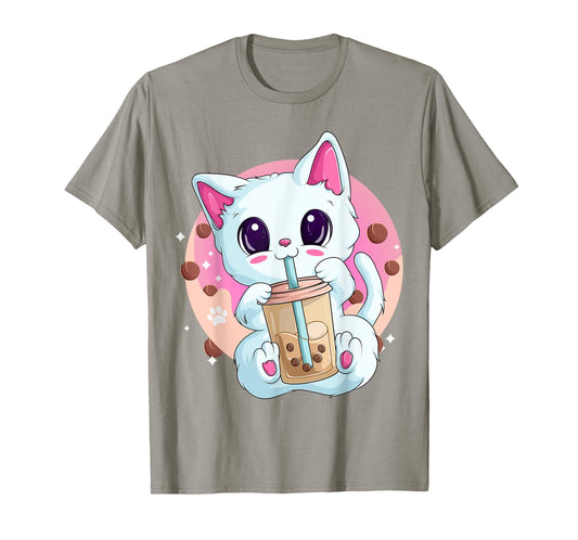 Boba Tea Cat Anime Shirts for Women, Kawaii Bubble Tea Neko T-Shirt