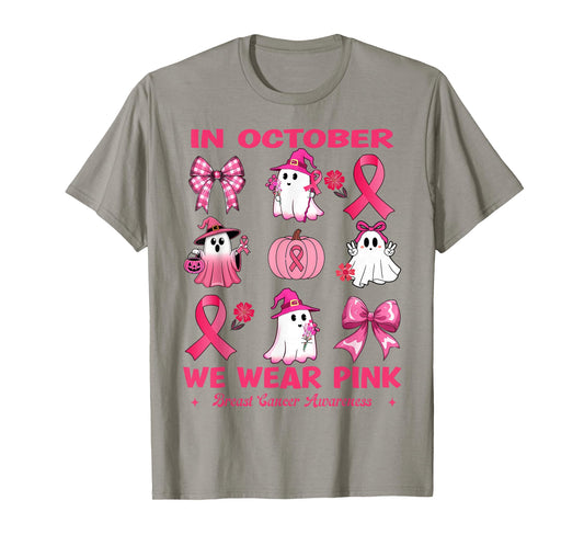 in October We Wear Pink Breast Cancer Cute Ghosts Pumpkin T-Shirt