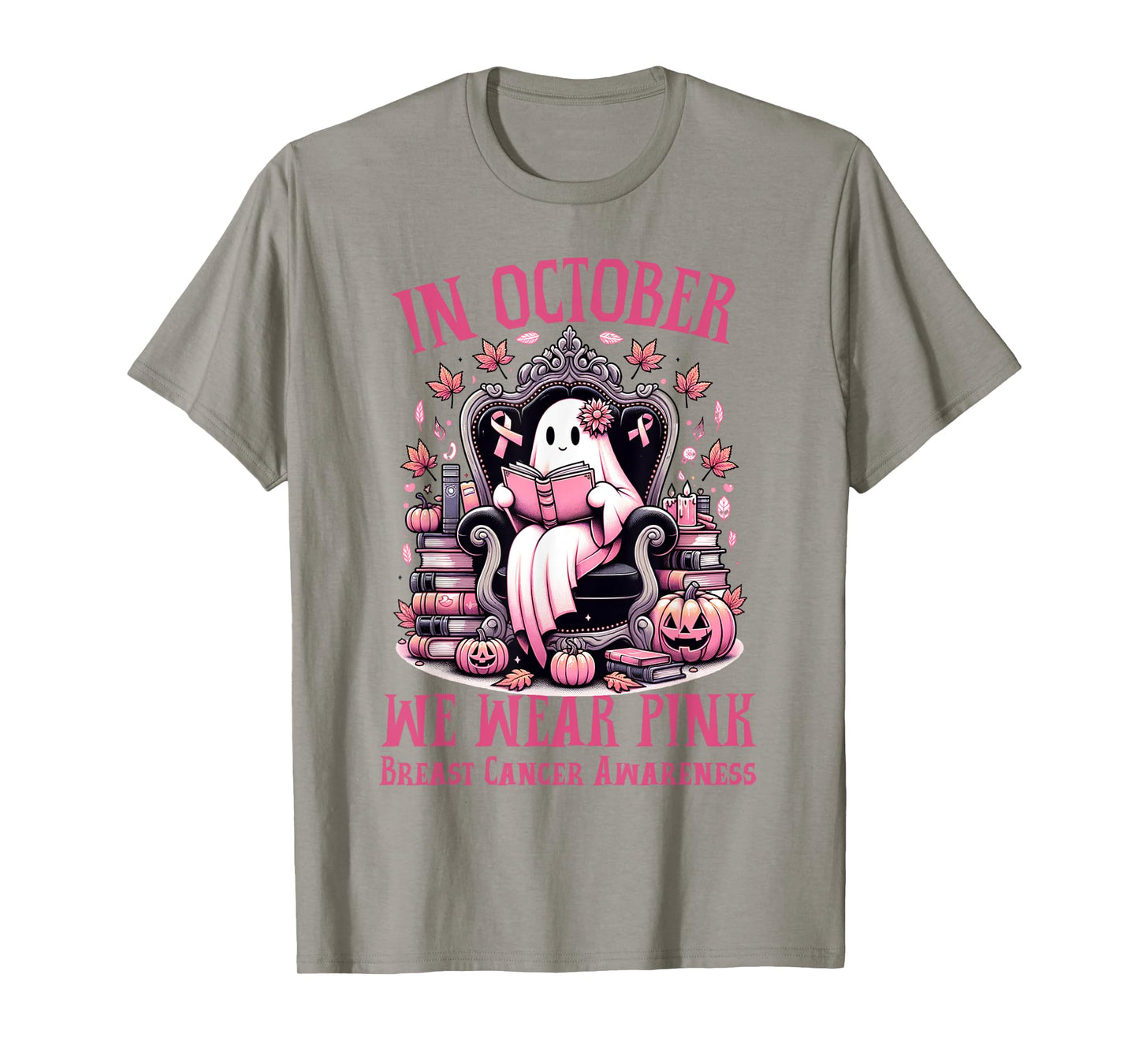 In October We Wear Pink Ghost Book Reading Breast Cancer T-Shirt