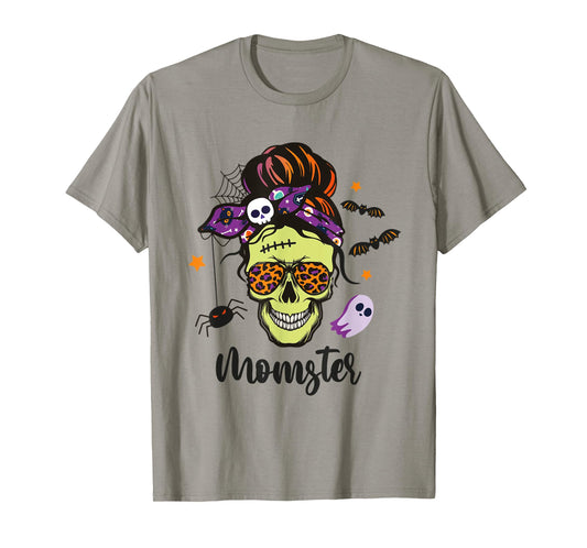 MOMSTER Halloween Skull Mom Messy Hair Bun Monster Momster T-Shirt