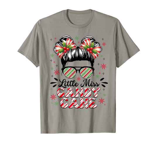Little Miss Candy Cane Christmas Messy Bun Toddler Girl Kids T-Shirt