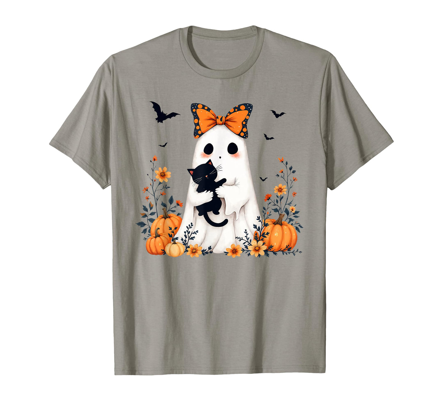 Ghost Holding Black Cat Halloween Pumpkin Floral Cat Lovers T-Shirt