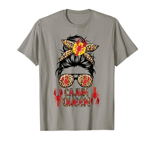 Cajun Queen Crawfish Leoapard Messy Bun Sunglasses Lobster T-Shirt