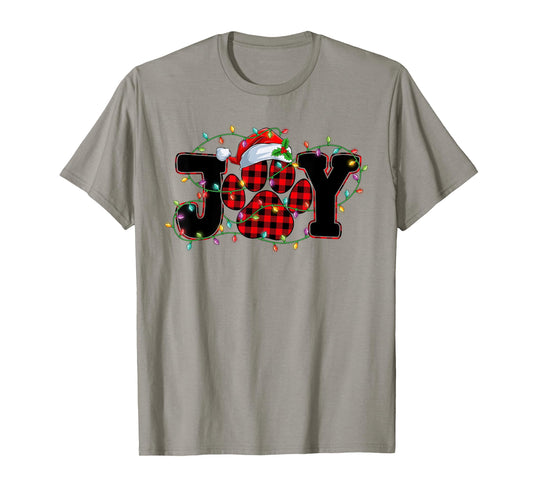 Funny Joy Dog Cat Paws Print Red Plaid Santa Hat Christmas Men Women Kids T-Shirt