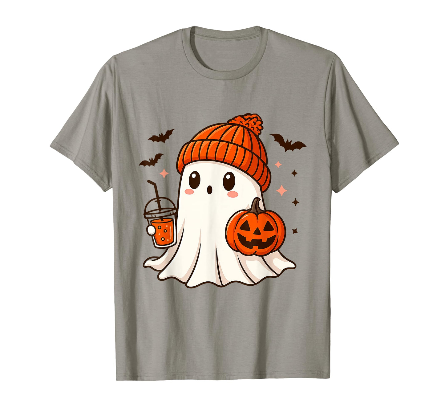 Cute Ghost with Beanie Holding Pumpkin Coffee Halloween T-Shirt