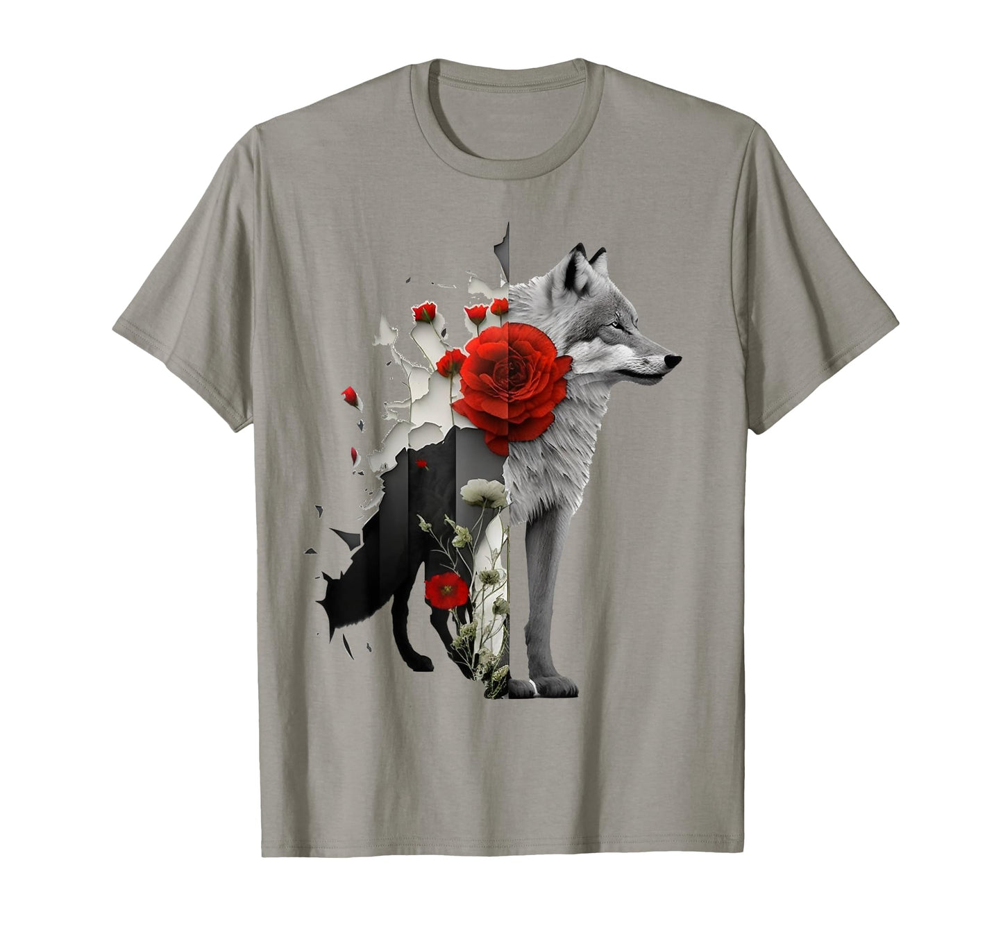 Wolf Rose Flower Animal Motif Art Animal Print Art T-Shirt