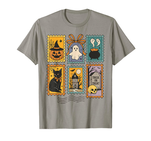 Retro Halloween Stamp Icons Funny Halloween Cat Ghost Stamp T-Shirt