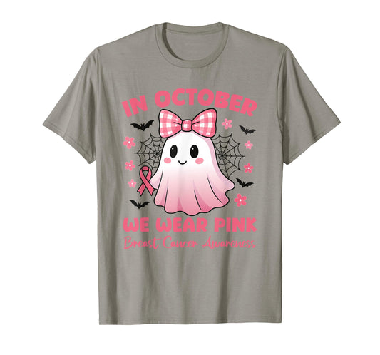 in October We Wear Pink Cute Ghost Awareness T-Shirt