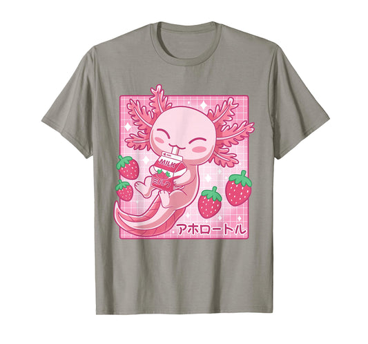 Kawaii Axolotl Strawberry Milk Japanese Anime Style T-Shirt
