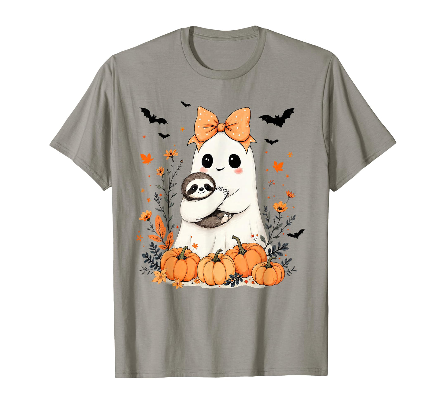 Halloween Ghost Holding Sloth Pumpkin Floral Sloth Lovers T-Shirt