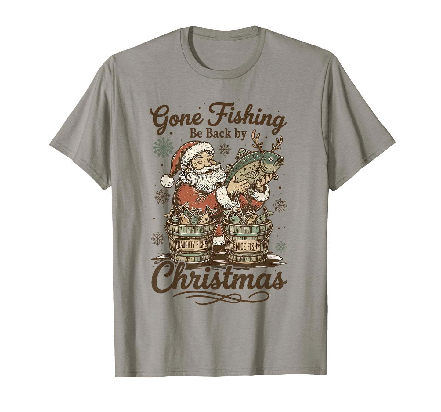 Gone Fishing Be Back by Christmas Santa Fishermen Retro T-Shirt