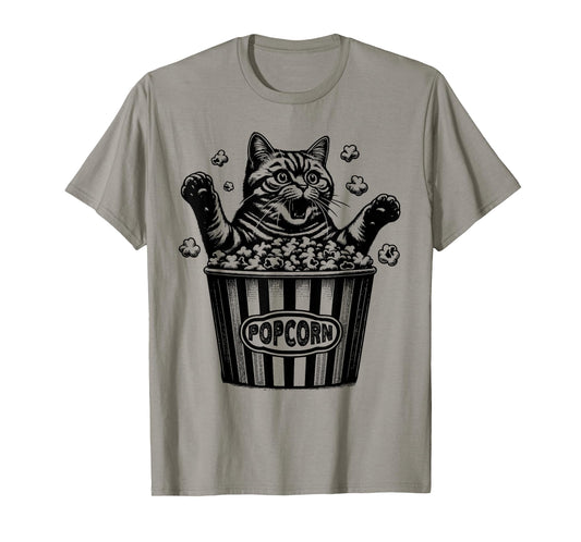 Funny Cat Popcorn Movie Theater Lover Film Buff Movie Night T-Shirt