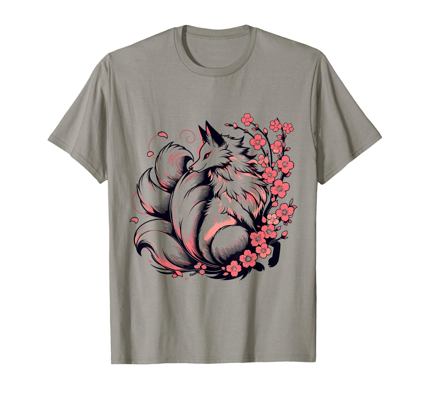 Retro Japanese Kitsune Nine Tailed Fox Cherry Blossom Anime T-Shirt