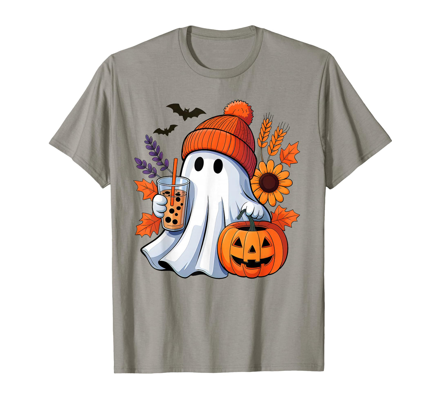 Cute Ghost Drinking Coffee Autumn Pumpkin Halloween Costume T-Shirt