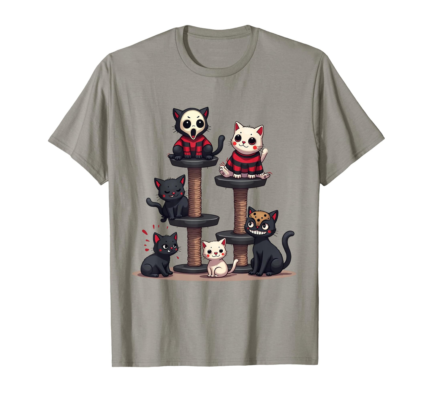 Funny Horror Movie Cats Playing On Cat Tree Men Women T-Shirt