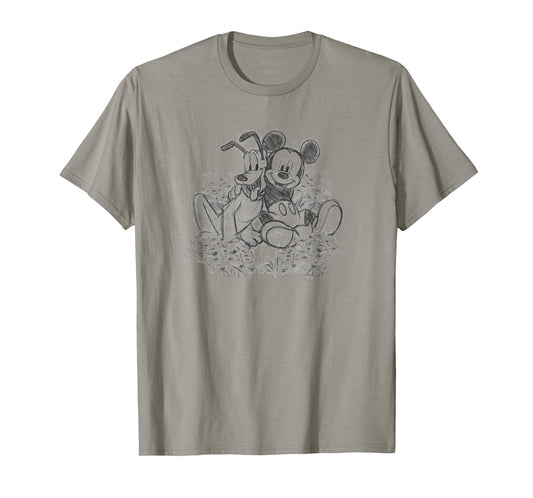 Disney Mickey & Friends Mickey and Pluto Floral Sketch T-Shirt