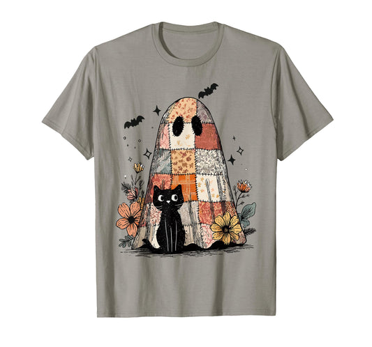 Retro Patchwork Ghost and Cat Floral Hallowee Spooky Season T-Shirt
