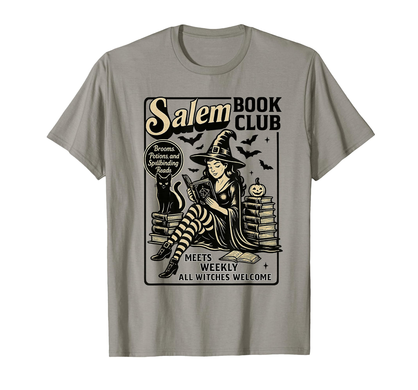 Vintage Salem Book Club Black Cat Bookish Spooky Halloween T-Shirt