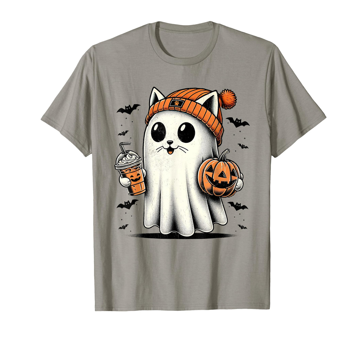 Cute Cat Ghost Iced Coffee Funny Ghost Halloween Ice Coffee T-Shirt for Men Women Kids