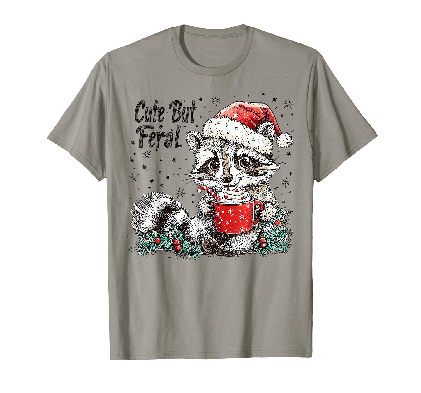 Cute But Feral Raccoon Christmas Hot Cocoa Animal Art T-Shirt