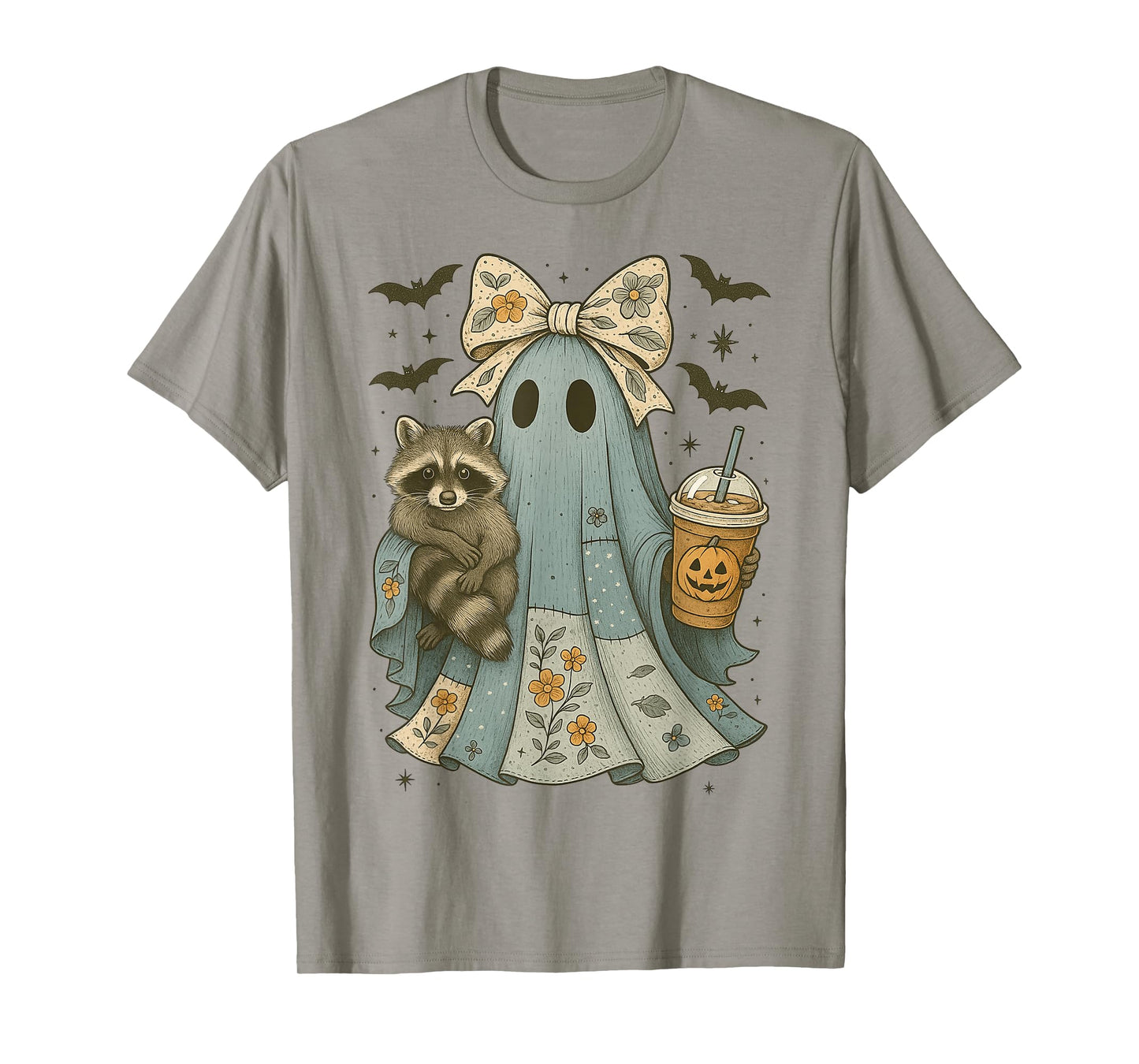 Cute Ghost Raccoon Iced Coffee Retro Funny Floral Halloween T-Shirt