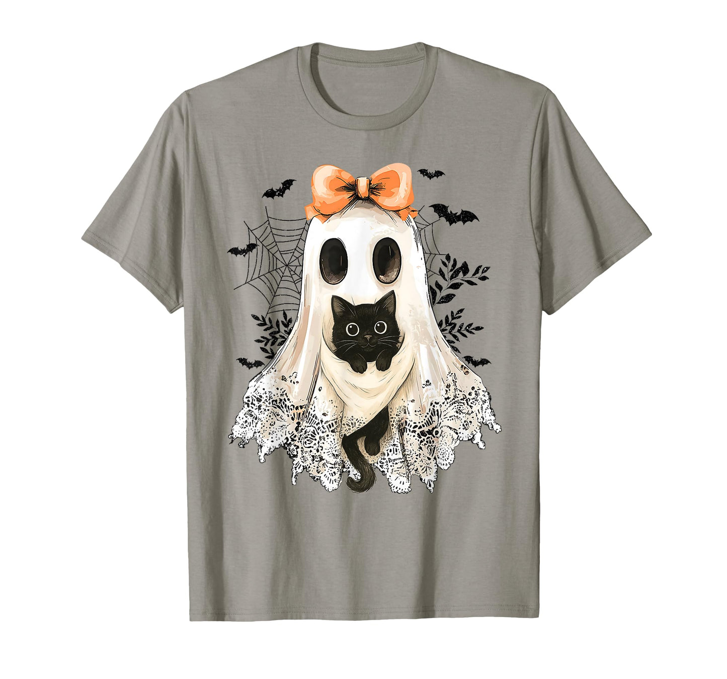 Retro Lace Ghost Coquette Black Cat Spooky Halloween Women T-Shirt