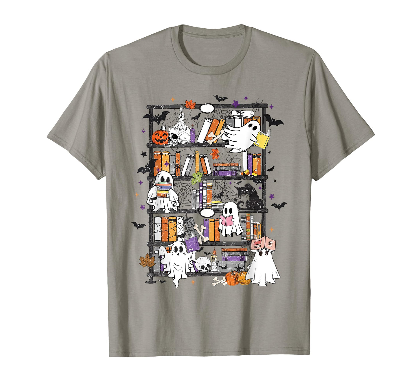 Funny Teacher Library Ghost Reading Book Halloween Black Cat T-Shirt