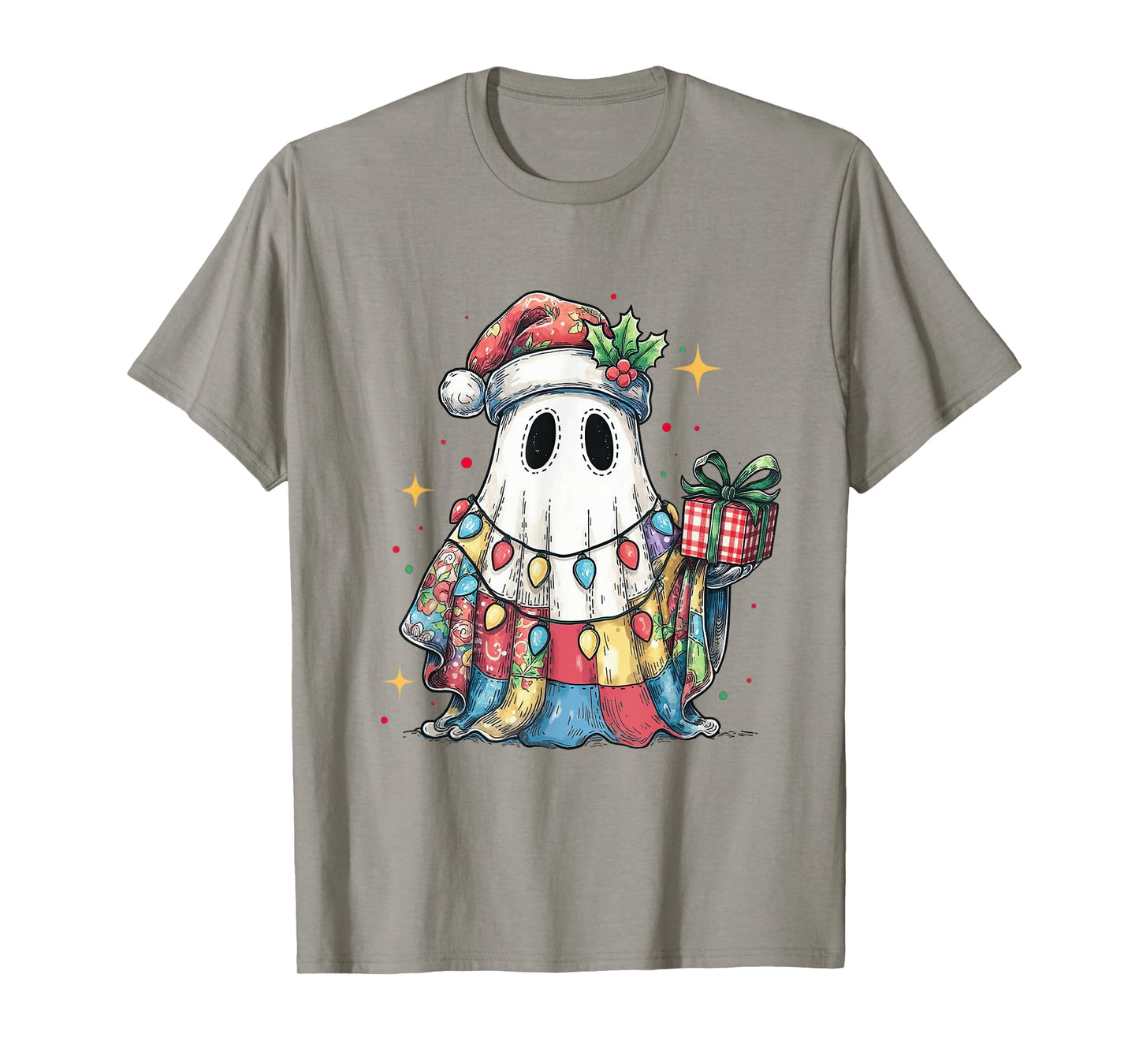 Santa Ghost Spooky Christmas Light Patchwork Matching Family T-Shirt