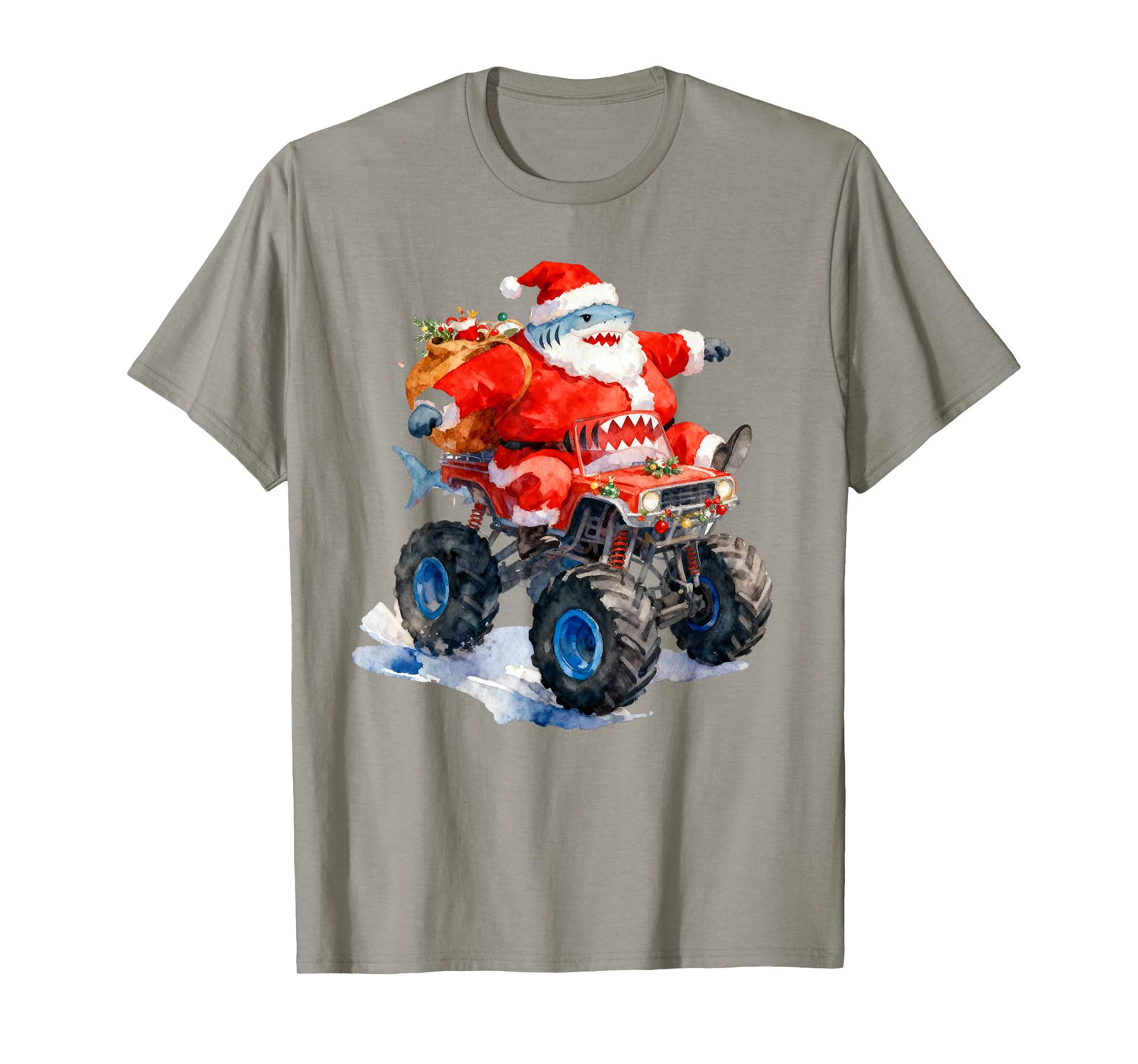 Funny Santa Shark Driving Monster Car Truck Christmas Day T-Shirt