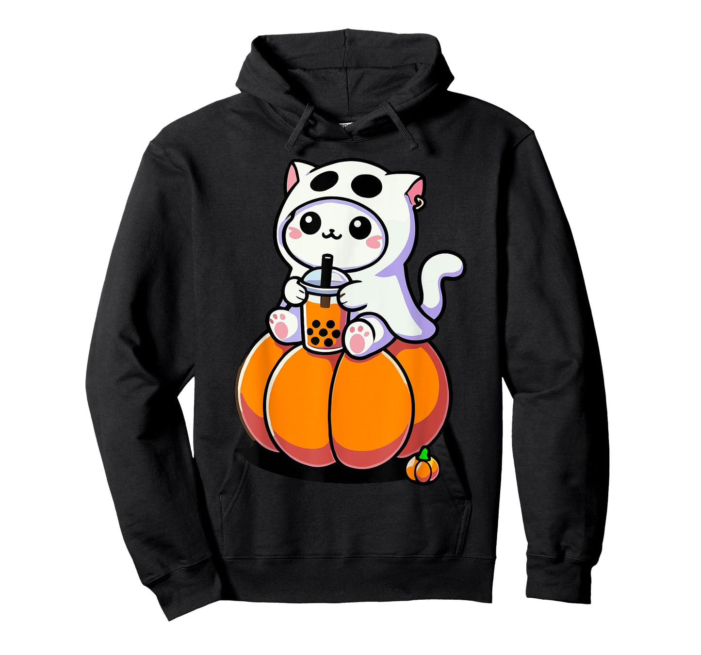 Cute Halloween Cat in Ghost Costume Drinking Boba Tea Tees Men Women Kids T-Shirt