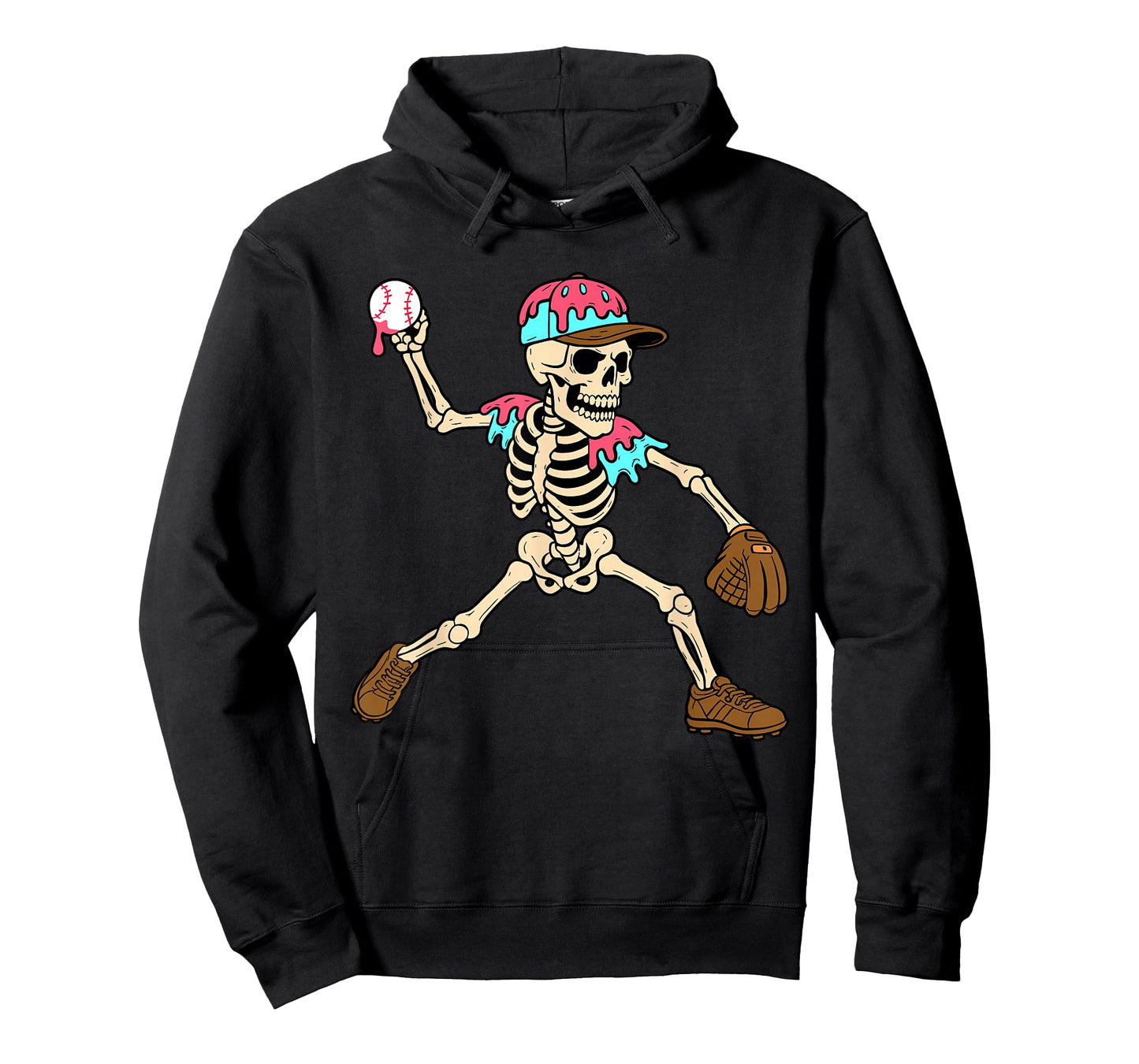 Skeleton Ice Cream Drip Baseball Sport Player Halloween T-Shirt