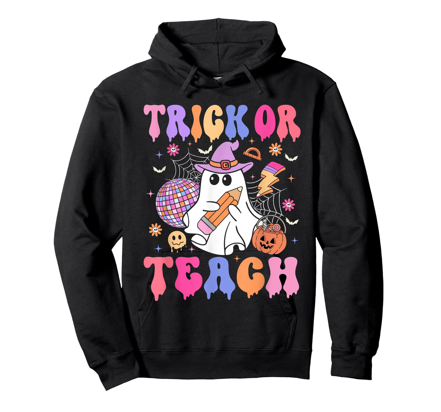 Trick Or Teach Groovy Halloween Floral Ghost Teacher T-Shirt