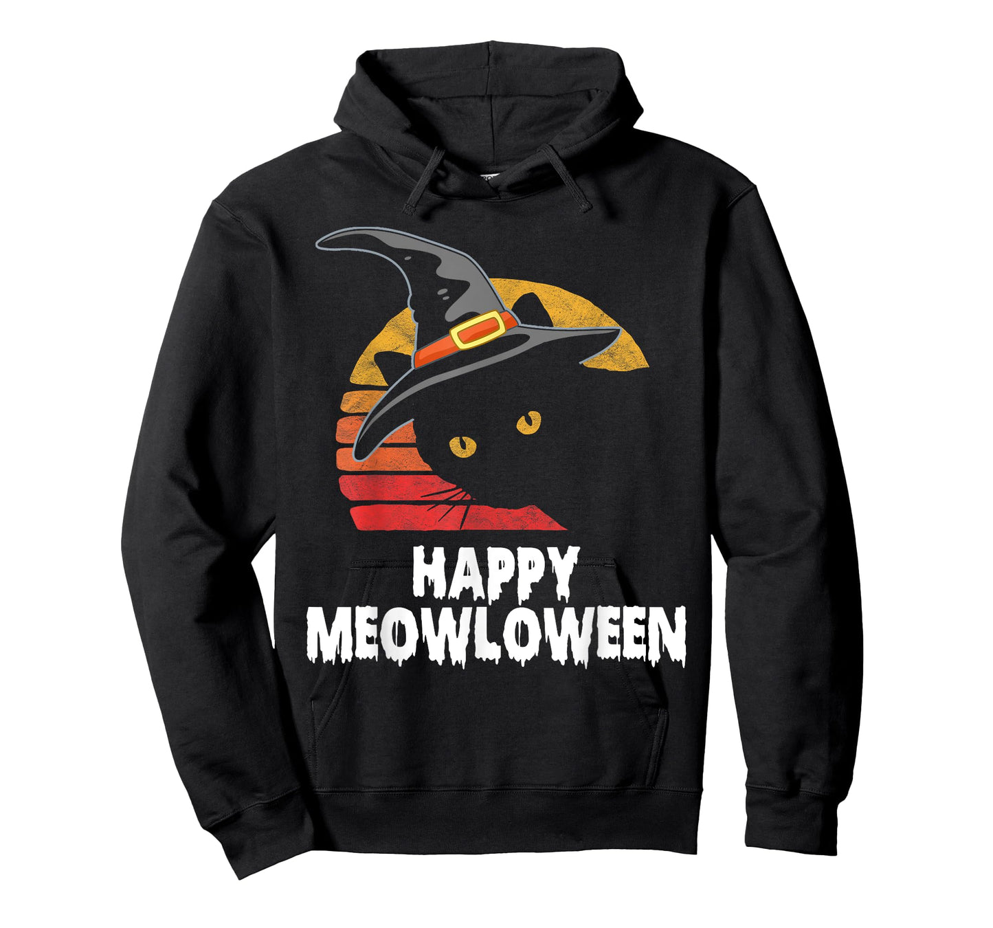 Happy Meowloween! Funny Cat Witch's Hat Halloween 80s Sunset T-Shirt