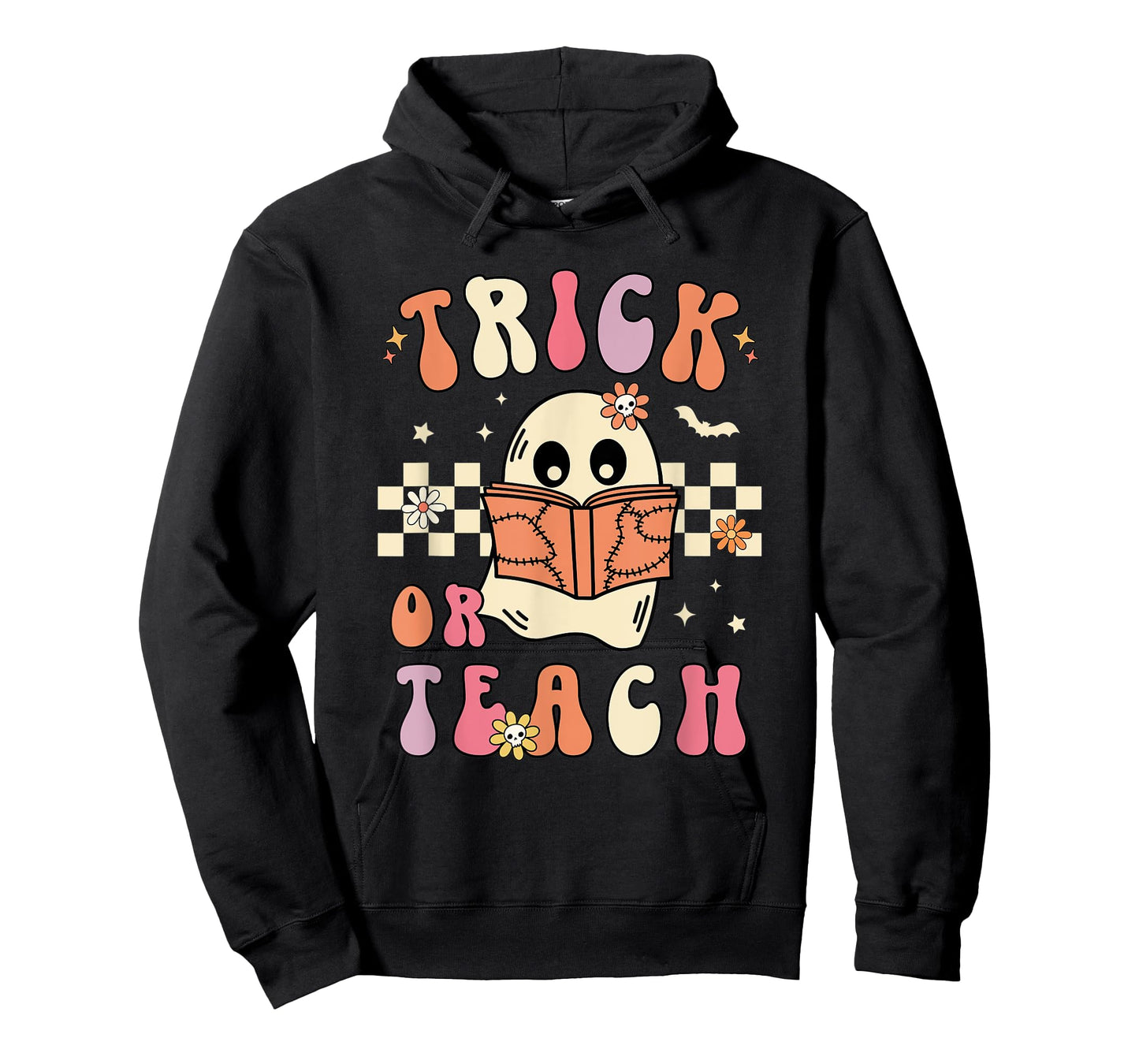 Groovy Halloween Trick or Teach Retro Floral Ghost Teacher Men Women T-Shirt