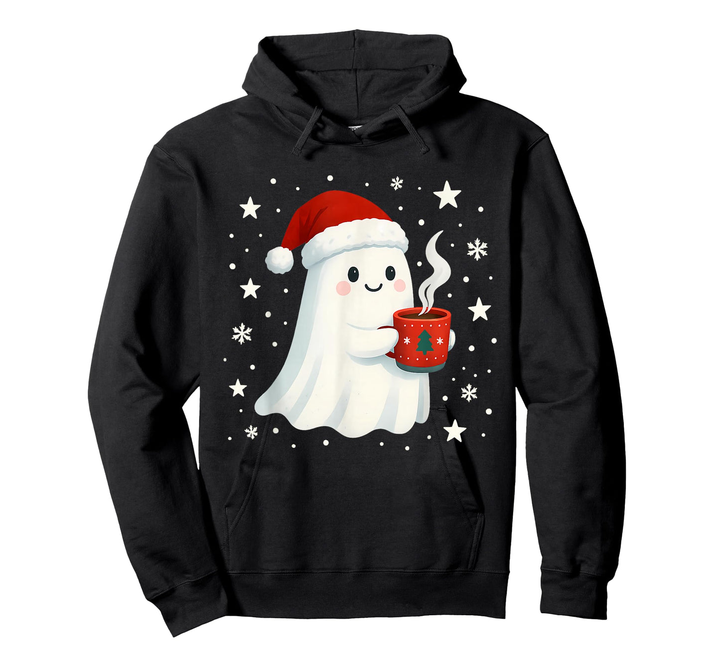 Cute Christmas Ghost with Hot Cocoa Santa Hat Winter Holiday T-Shirt