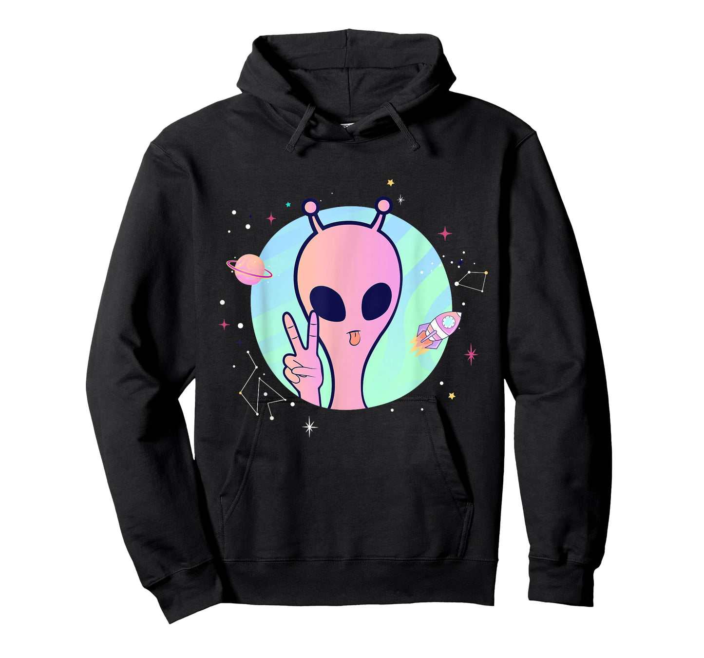 Peace Sign Hand Planet Stars UFO Cool Trippy Pink Alien T-Shirt