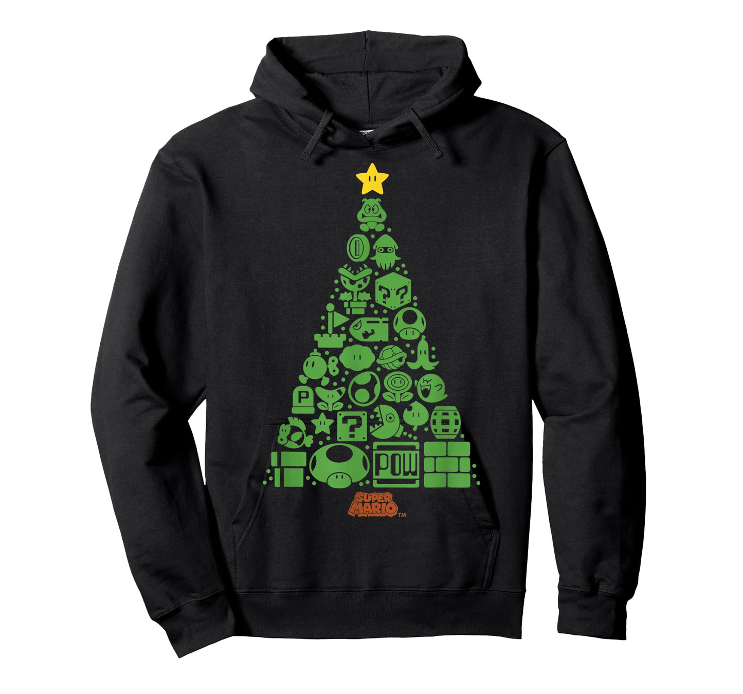 Super Mario Item Characters Christmas Tree Graphic Short Sleeve T-Shirt Black