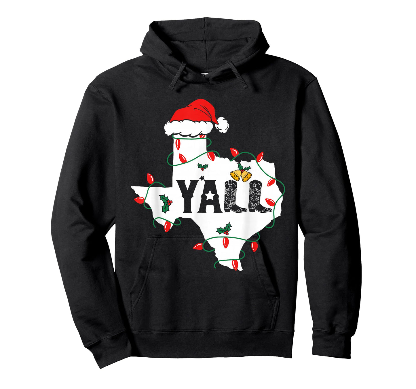 Merry Christmas Y'all Texas Map Santa Hat Lights T-Shirt