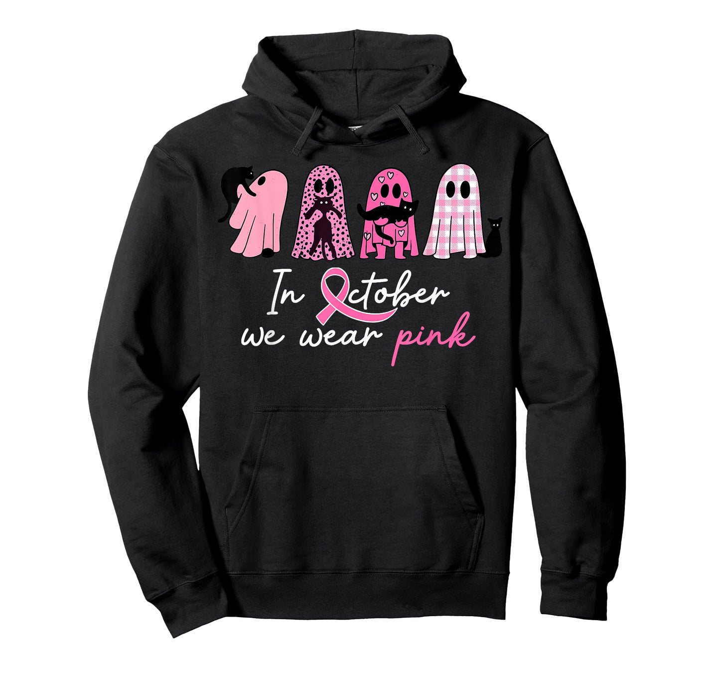 in October We Wear Pink Pumpkin Cat Breast Cancer Awareness T-Shirt