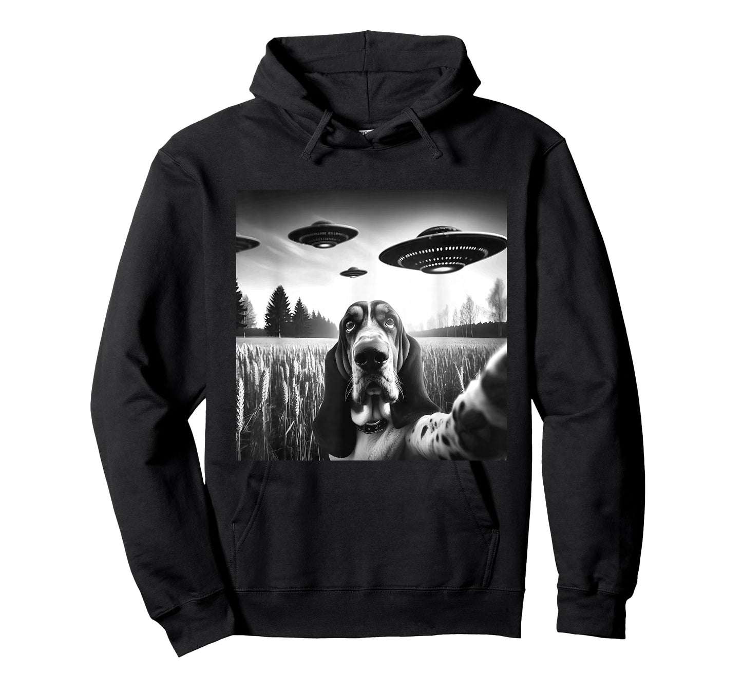 Basset Hound Funny Dog Graphic Selfie with UFOs Weird Aliens T-Shirt
