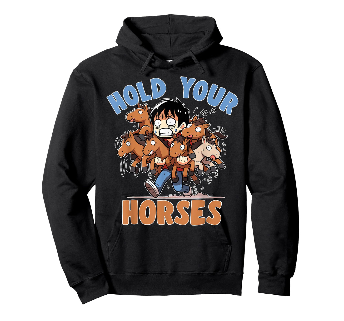Novelty Hilarious Sayings Meme Tees And Stuff Unisex-Adult Humor T-Shirt Black Small Cartoon Idiom Hold Your Horses Phrase Quote Joke Humor T-Shirt
