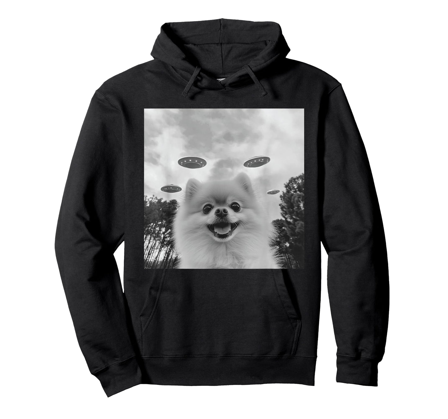 Cute Pomeranian Dog Selfie With UFO UAP Invasion Alien T-Shirt