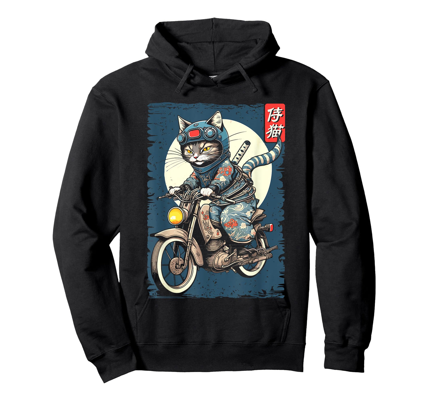 Japanese Samurai Cat on Motorcycle Kawaii Ninja Cat T-Shirt for Men Women Kids