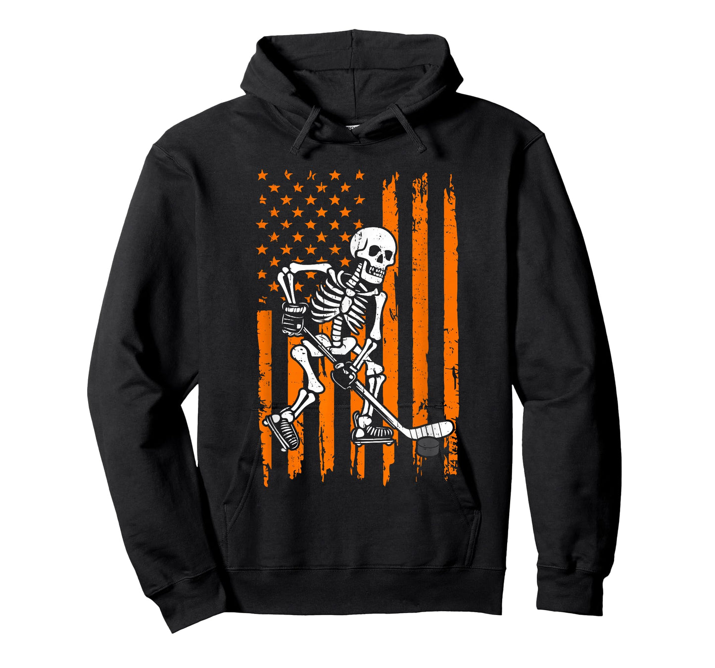 Retro Skeleton Playing Hockey USA Flag Halloween Boys Kids T-Shirt