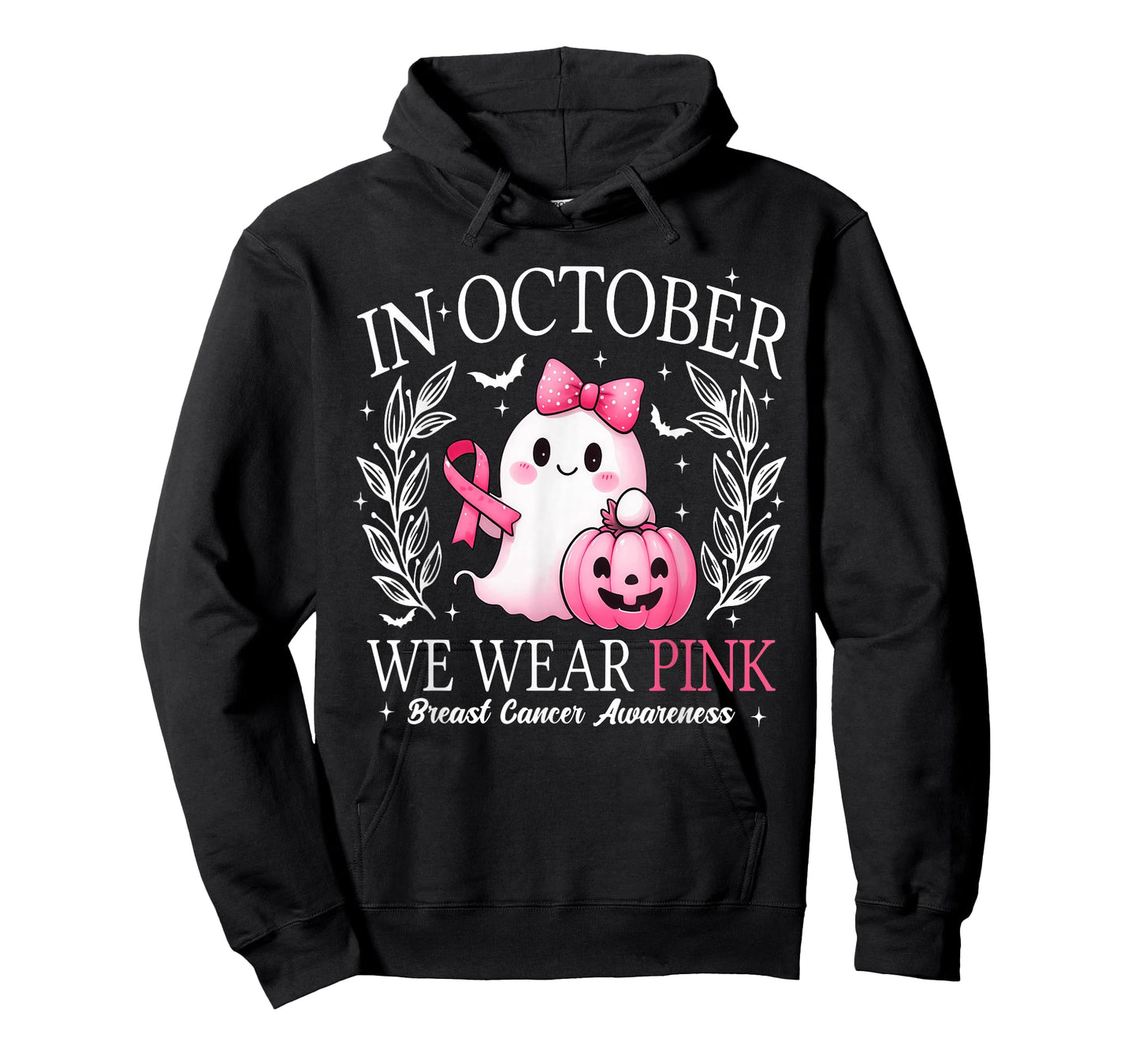 in October We Wear Pink Ghost Witch Breast Cancer Awareness T-Shirt