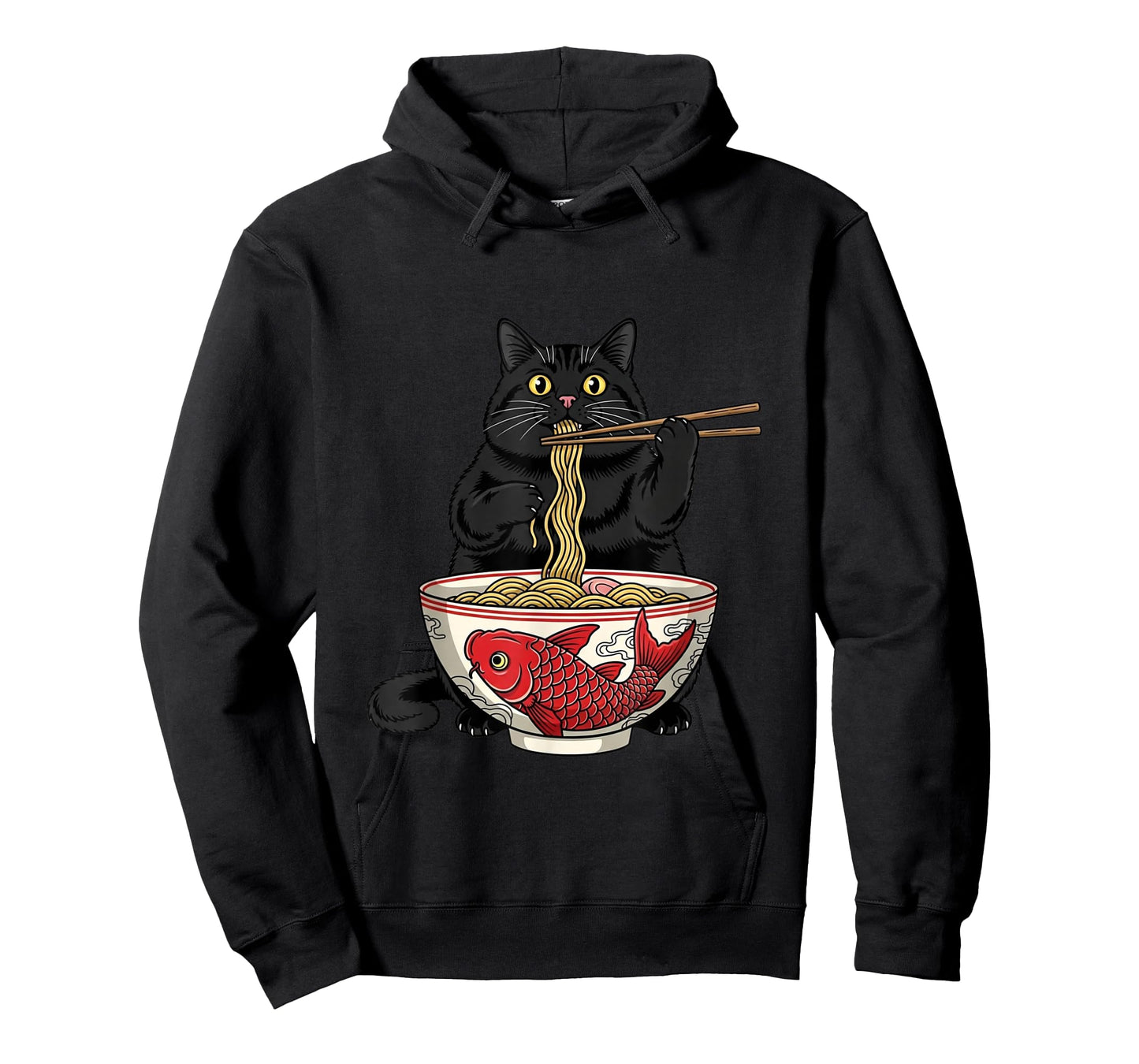 Funny Black Fat Cat Eating Ramen Noodles Anime T-Shirt