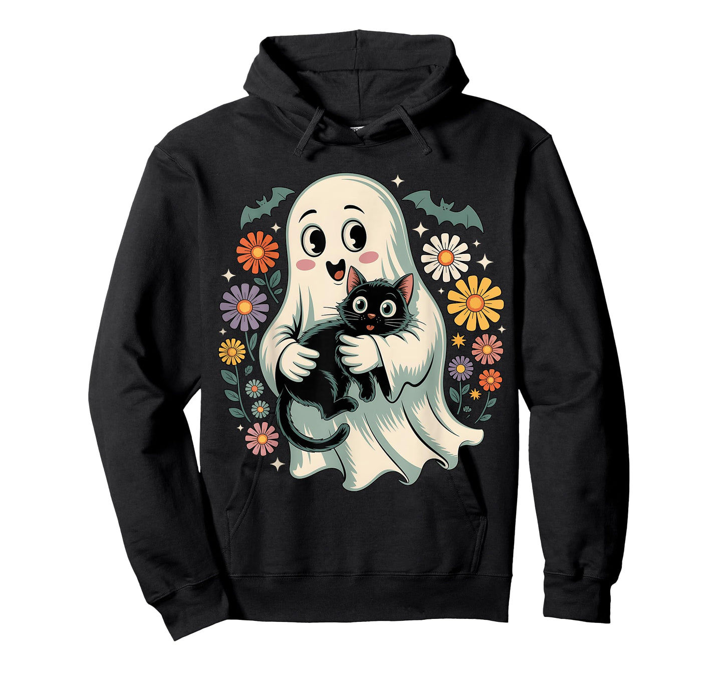 Groovy Flower Ghost Holding Black Cat Halloween Cat Lover T-Shirt