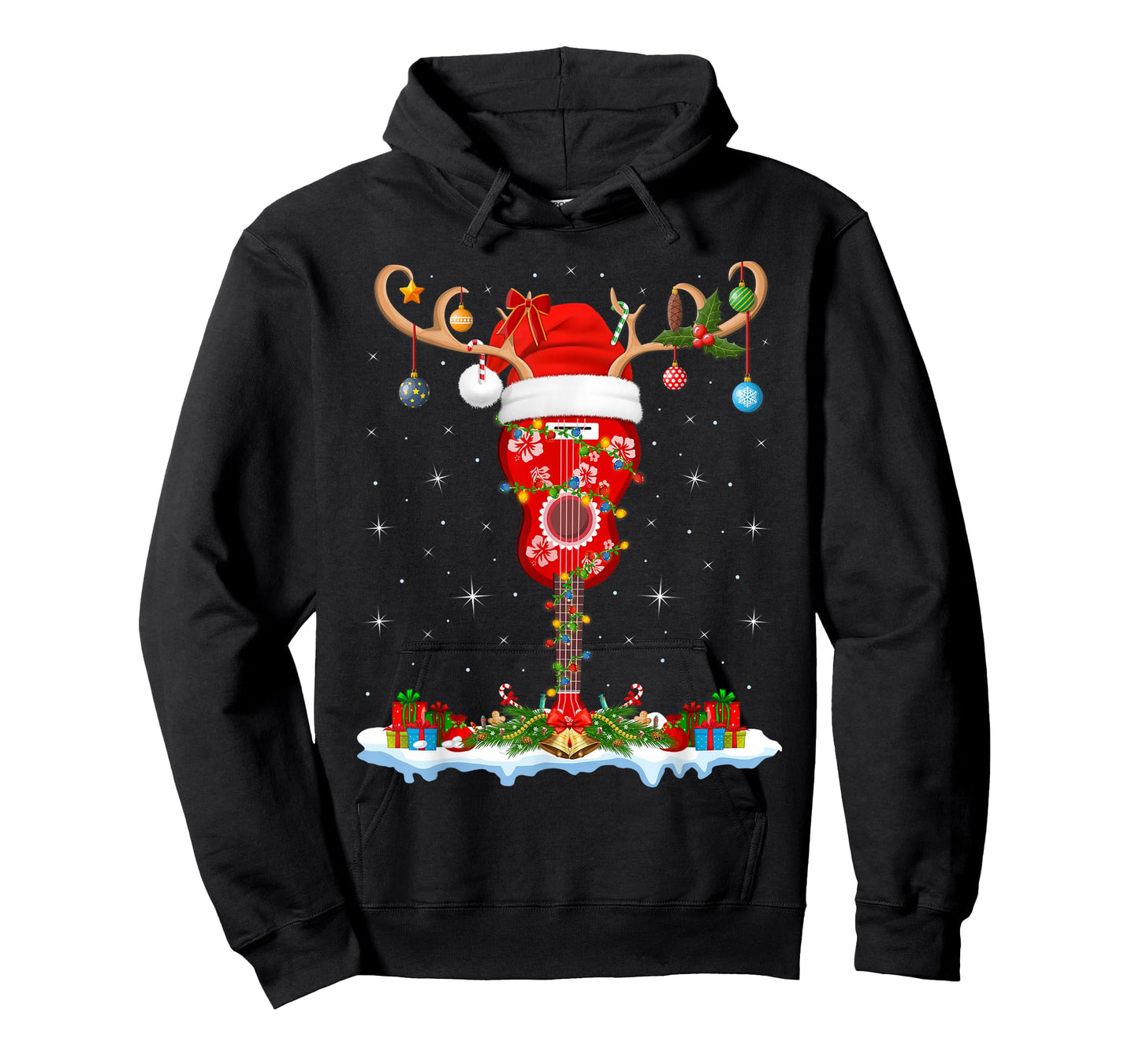 Ukulele Guitar Christmas Reindeer Santa Hat Hawaiian Xmas T-Shirt