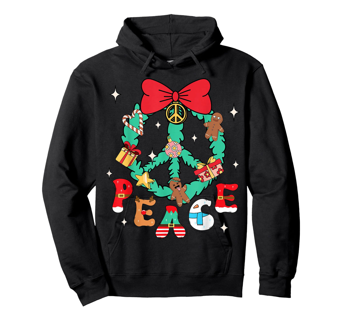 Christmas Peace Wreath Candy Canes Bows Gingerbread Reindeer T-Shirt