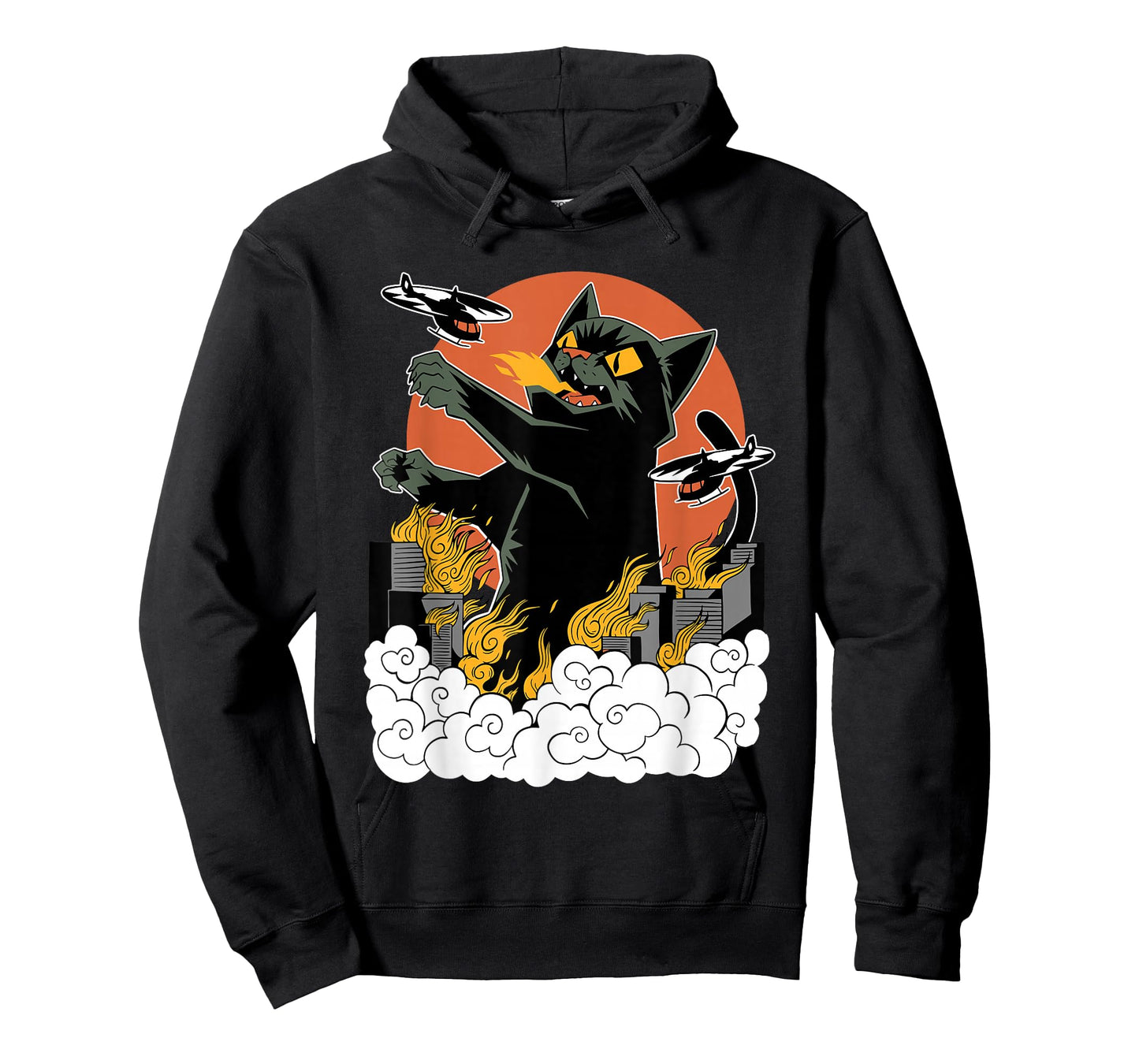 Black Japanese Catzilla Sunset T-Shirt - Classic Fit, Crew Neck, Cotton & Polyester Blend